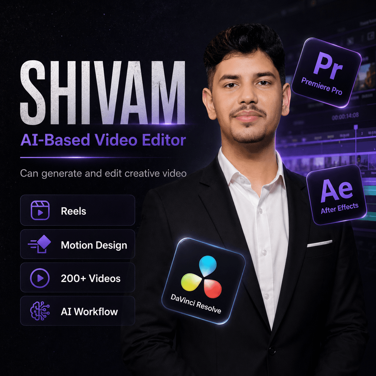 Poster for Shivam, AI-based video editor, with Premiere Pro, After Effects, DaVinci Resolve, reels, motion design, 200+ videos, and AI workflow